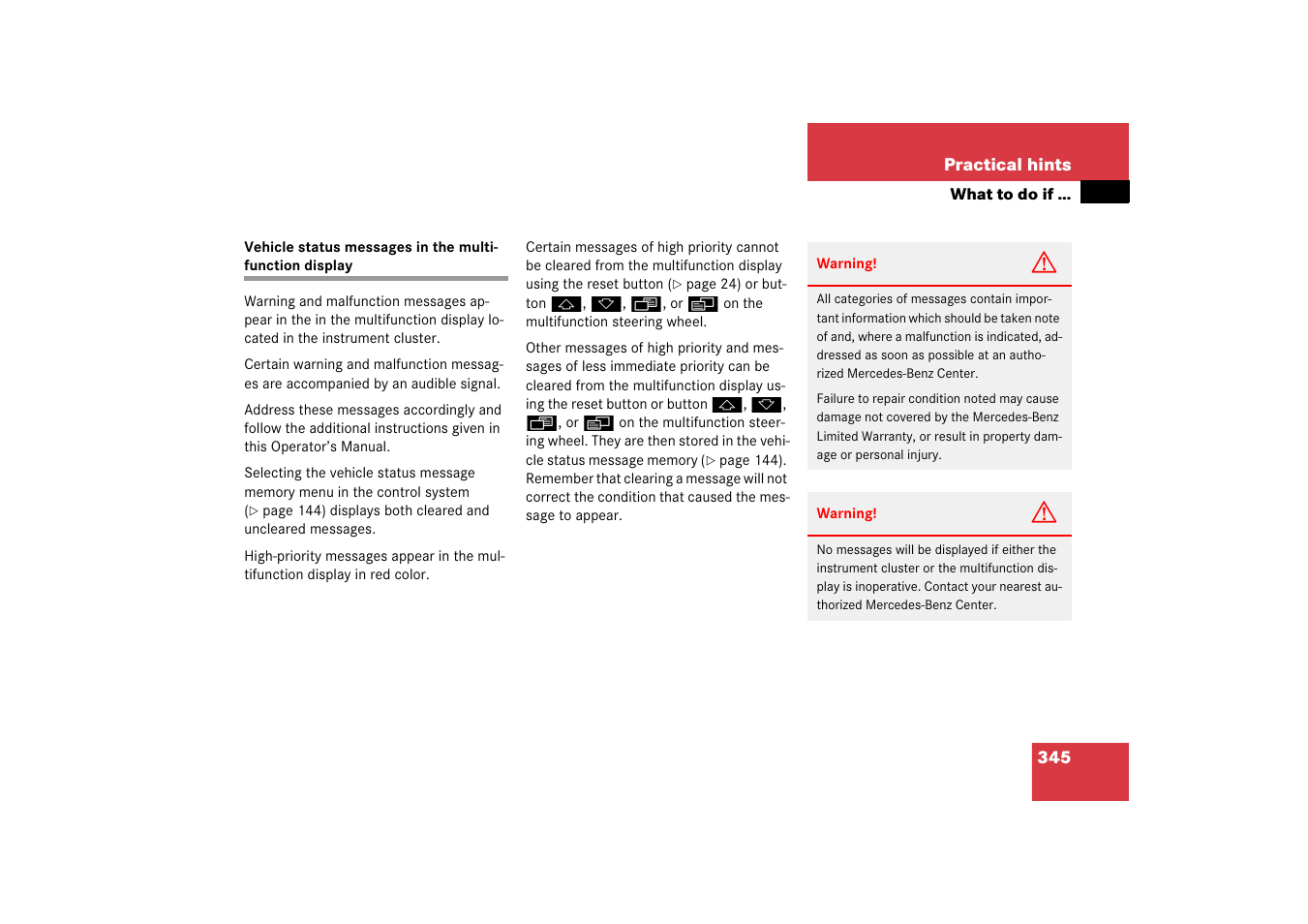 Vehicle status messages, Play, Display | Mercedes-Benz SL-Class 2006 Owners Manual User Manual | Page 346 / 480