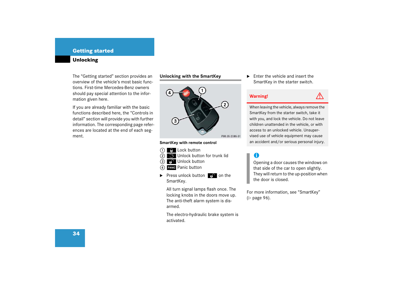 Unlocking, Key, smartkey:locking/unlocking, Unlocking with the smartkey | Mercedes-Benz SL-Class 2006 Owners Manual User Manual | Page 35 / 480