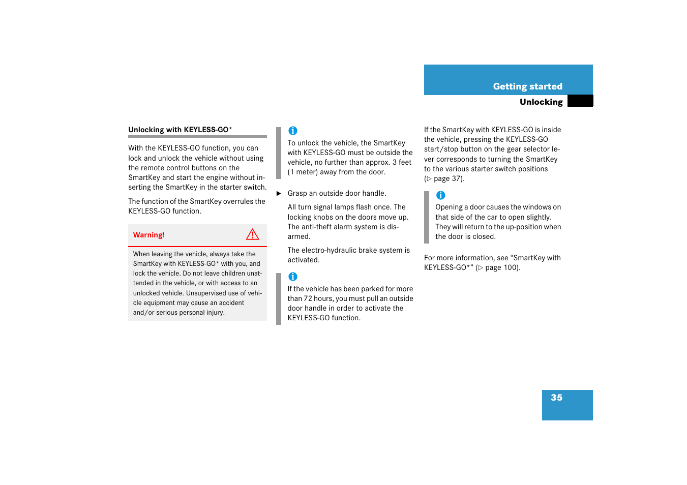 Key, smartkey with keyless-go*:locking/unlocking, Unlocking with keyless-go | Mercedes-Benz SL-Class 2006 Owners Manual User Manual | Page 36 / 480