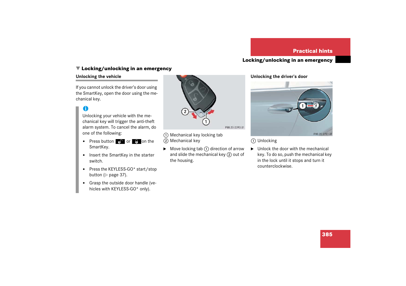 Locking/unlocking in an emergency, Vehicle:unlocking in an emergency, Locking/unlocking in an emergency . 385 | Unlocking the vehicle, Door | Mercedes-Benz SL-Class 2006 Owners Manual User Manual | Page 386 / 480