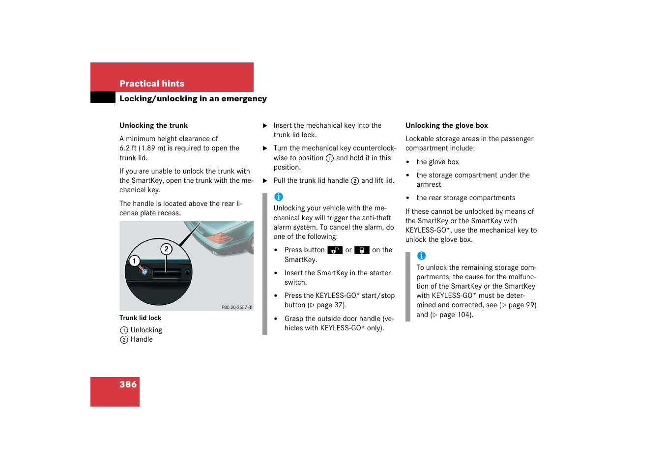 Keyless-go*, see “unlocking the glove box | Mercedes-Benz SL-Class 2006 Owners Manual User Manual | Page 387 / 480