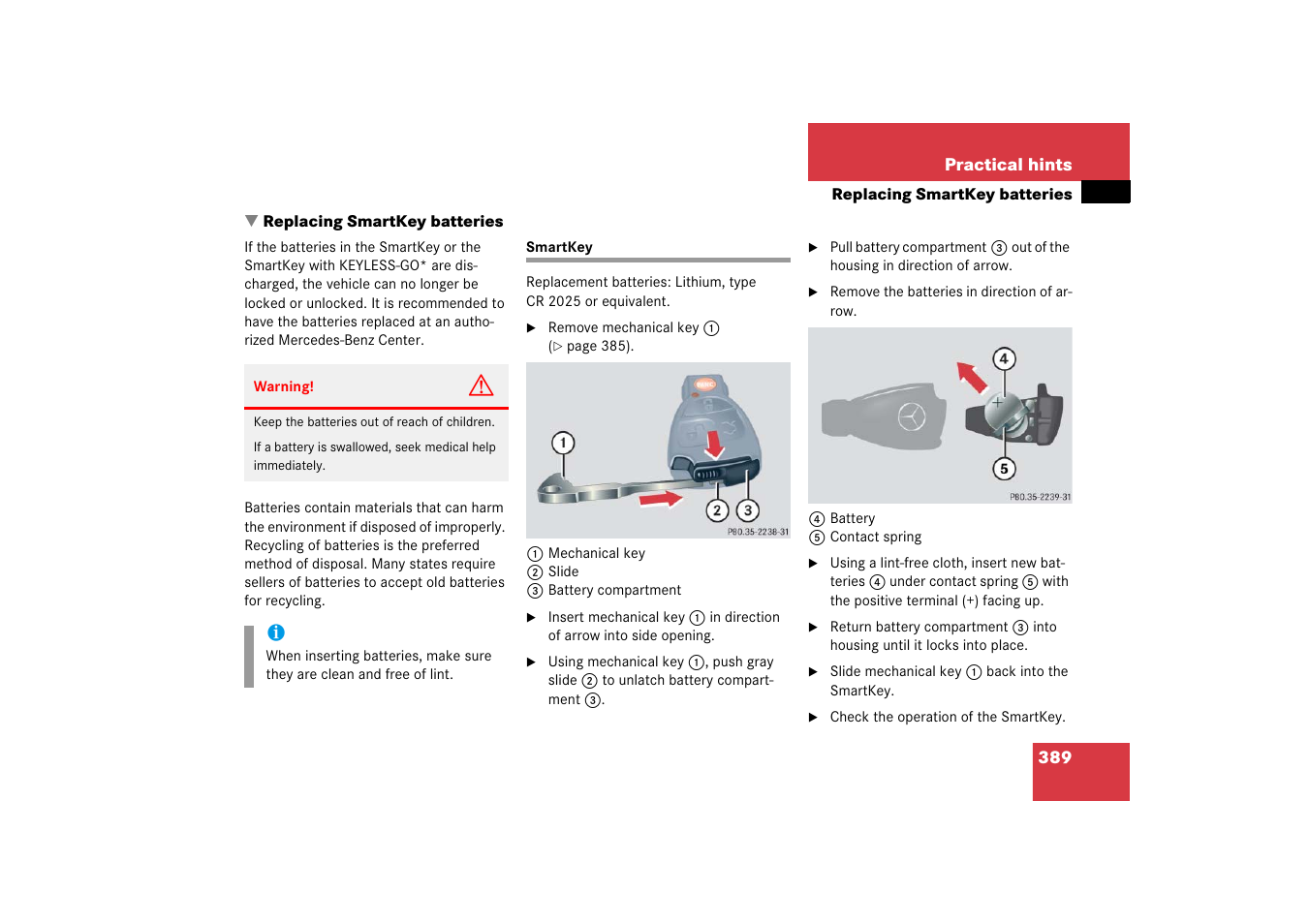 Replacing smartkey batteries, Batteries, smartkey:replacing, Smartkey | If necessary, Replace the batteries, Replace the battery | Mercedes-Benz SL-Class 2006 Owners Manual User Manual | Page 390 / 480