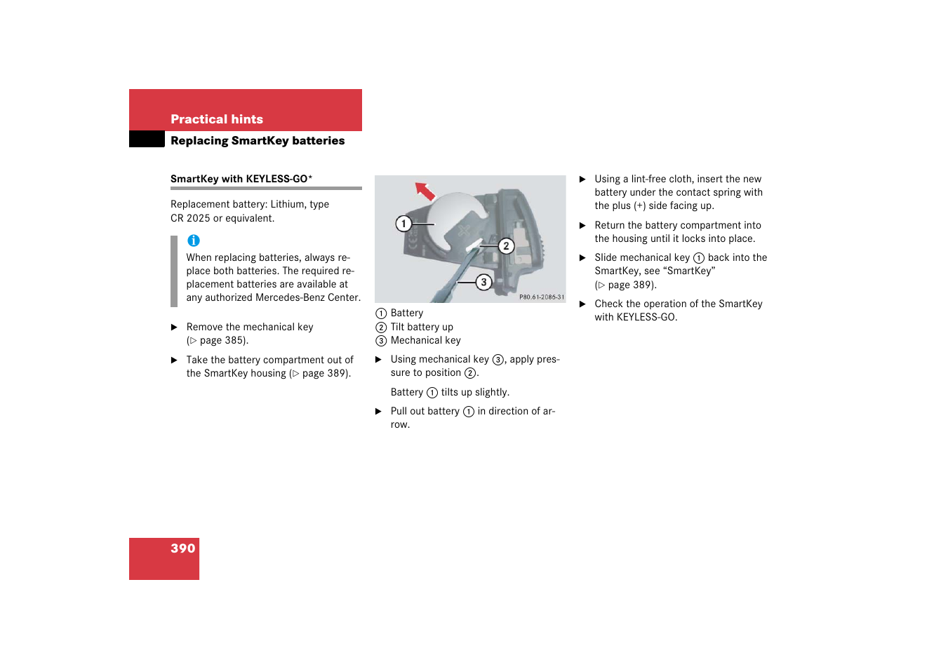 Batteries, smartkey with keyless-go*:replacing, Smartkey with keyless-go | Mercedes-Benz SL-Class 2006 Owners Manual User Manual | Page 391 / 480
