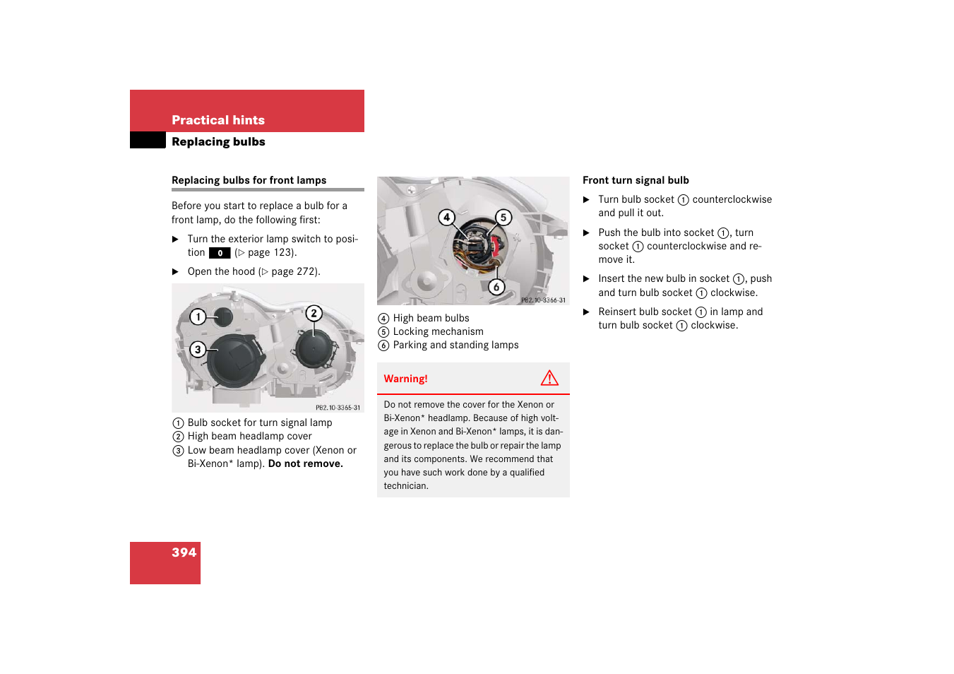 Replacing bulbs for front lamps | Mercedes-Benz SL-Class 2006 Owners Manual User Manual | Page 395 / 480