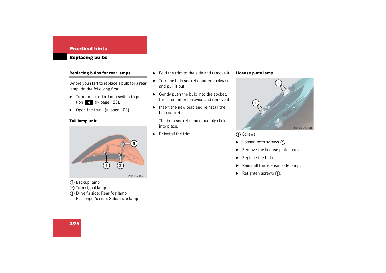 Lamps, exterior:replacing bulbs for rear, Replacing bulbs for rear lamps | Mercedes-Benz SL-Class 2006 Owners Manual User Manual | Page 397 / 480