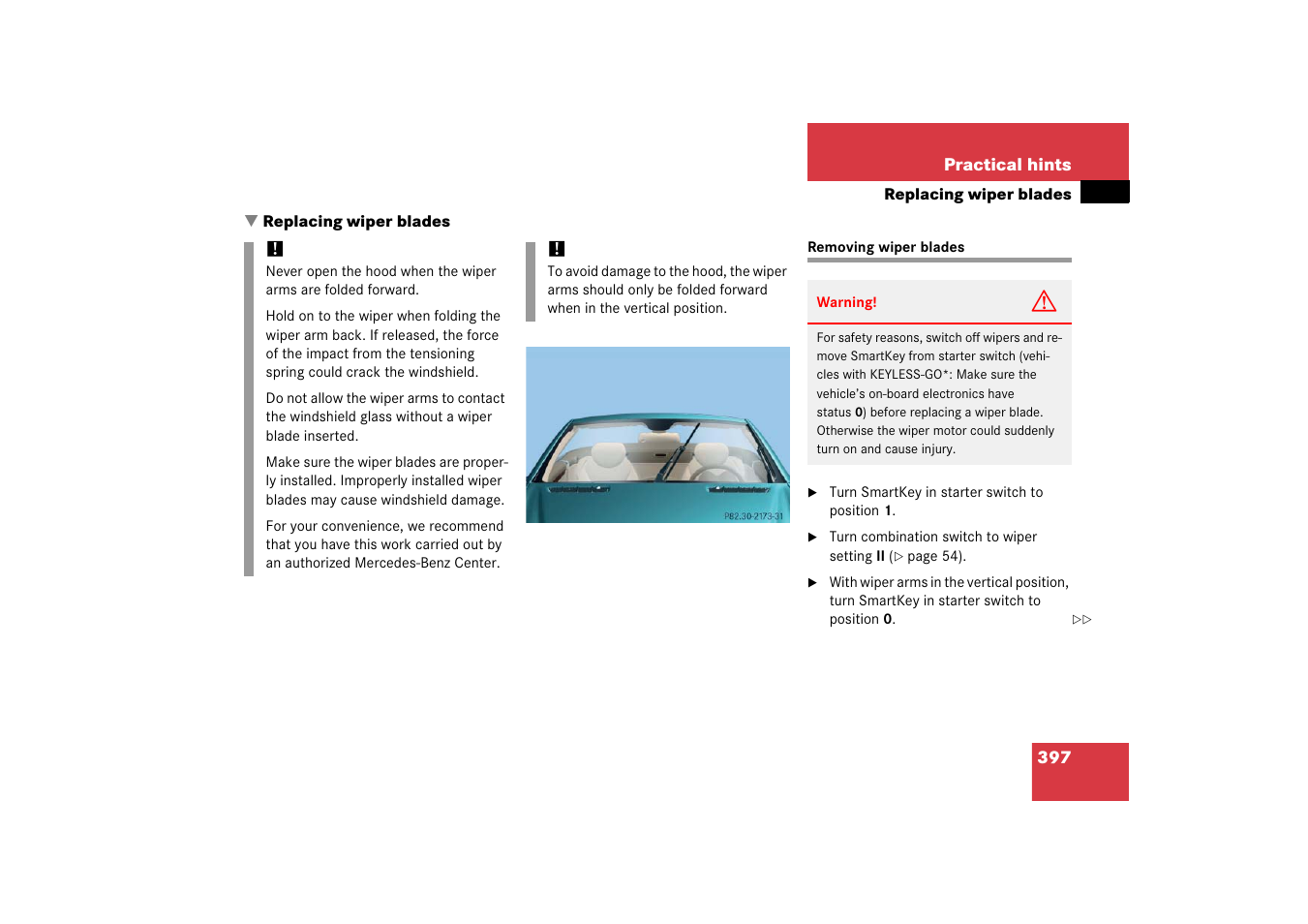 Replacing:wiper blades, Removing wiper blades, Replacing wiper blades | Al position, see “replacing wiper blades | Mercedes-Benz SL-Class 2006 Owners Manual User Manual | Page 398 / 480