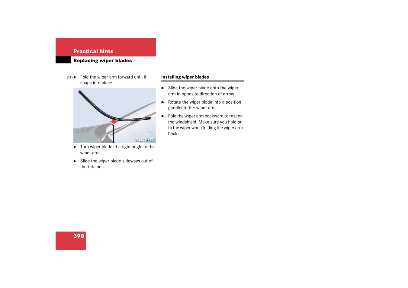 Installing wiper blades | Mercedes-Benz SL-Class 2006 Owners Manual User Manual | Page 399 / 480