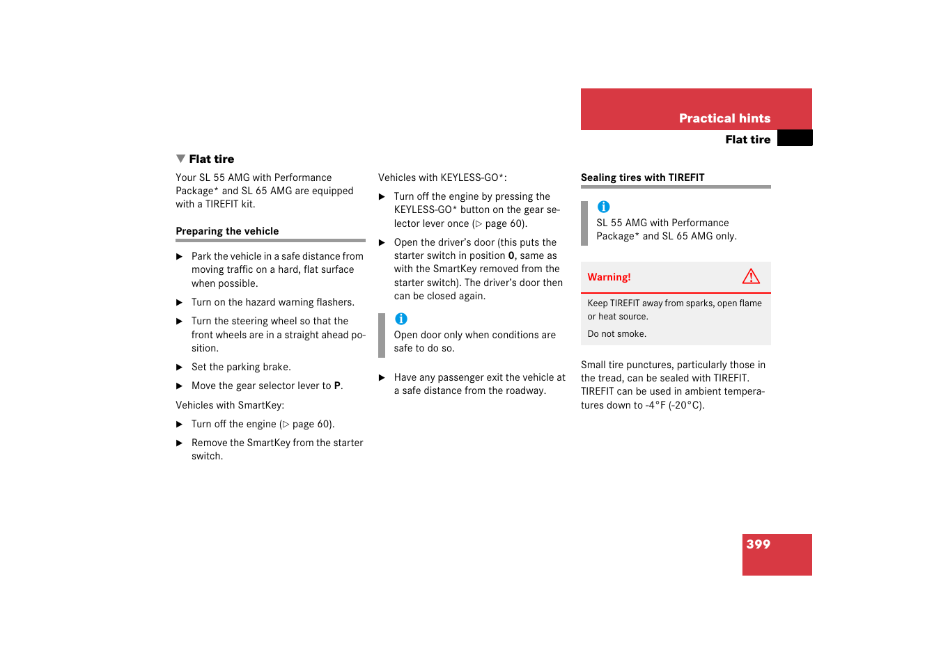 Flat tire, Flat tire:preparing the vehicle, Tirefit:instructions for use | Preparing the vehicle sealing tires with tirefit, The wheel, Tirefit | Mercedes-Benz SL-Class 2006 Owners Manual User Manual | Page 400 / 480