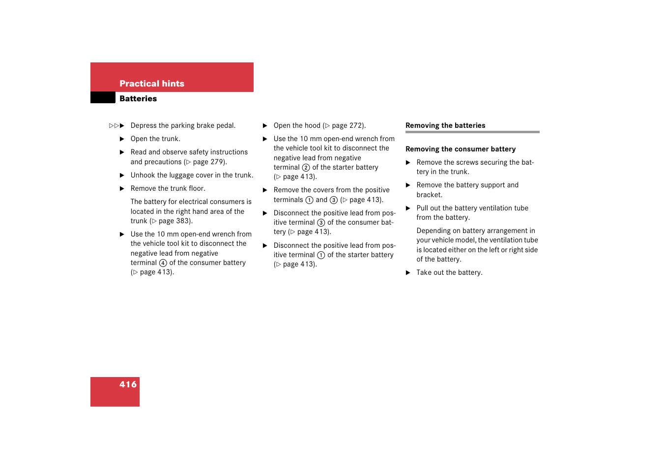 Removing the batteries | Mercedes-Benz SL-Class 2006 Owners Manual User Manual | Page 417 / 480