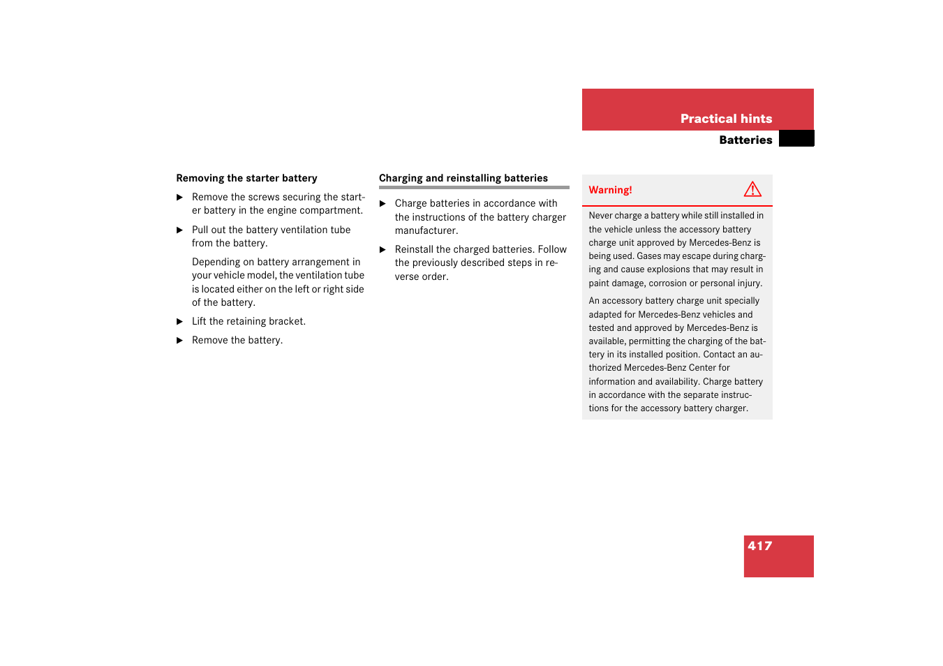 Batteries, vehicle:charging, Charging and reinstalling batteries | Mercedes-Benz SL-Class 2006 Owners Manual User Manual | Page 418 / 480