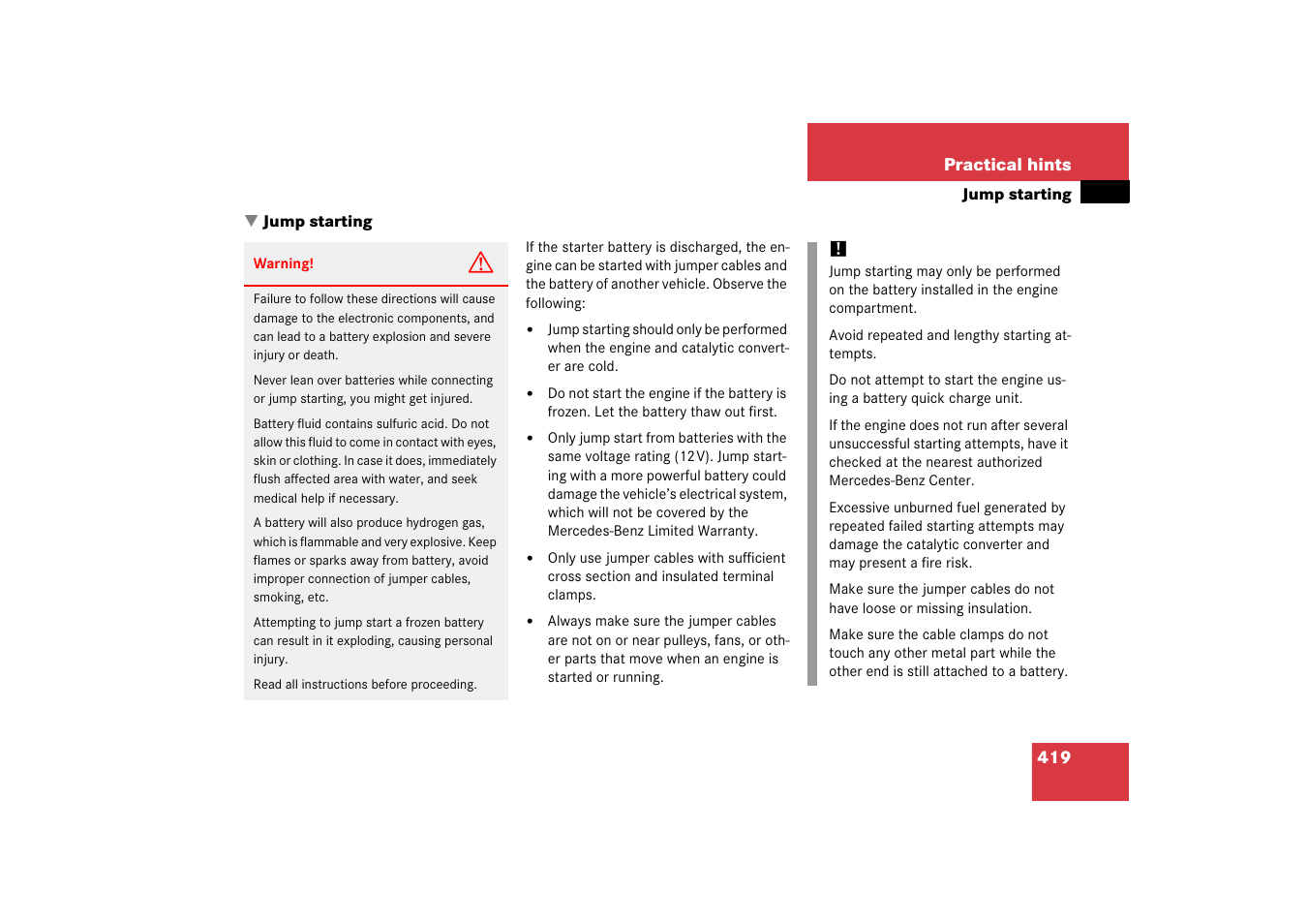 Batteries, vehicle:jump starting, Jump starting | Mercedes-Benz SL-Class 2006 Owners Manual User Manual | Page 420 / 480