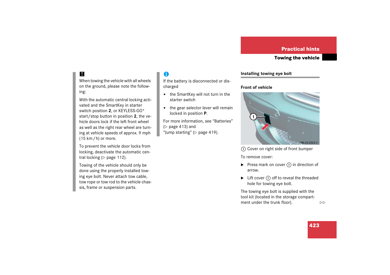 Towing eye bolt (vehicle tool kit):installing, Installing towing eye bolt | Mercedes-Benz SL-Class 2006 Owners Manual User Manual | Page 424 / 480