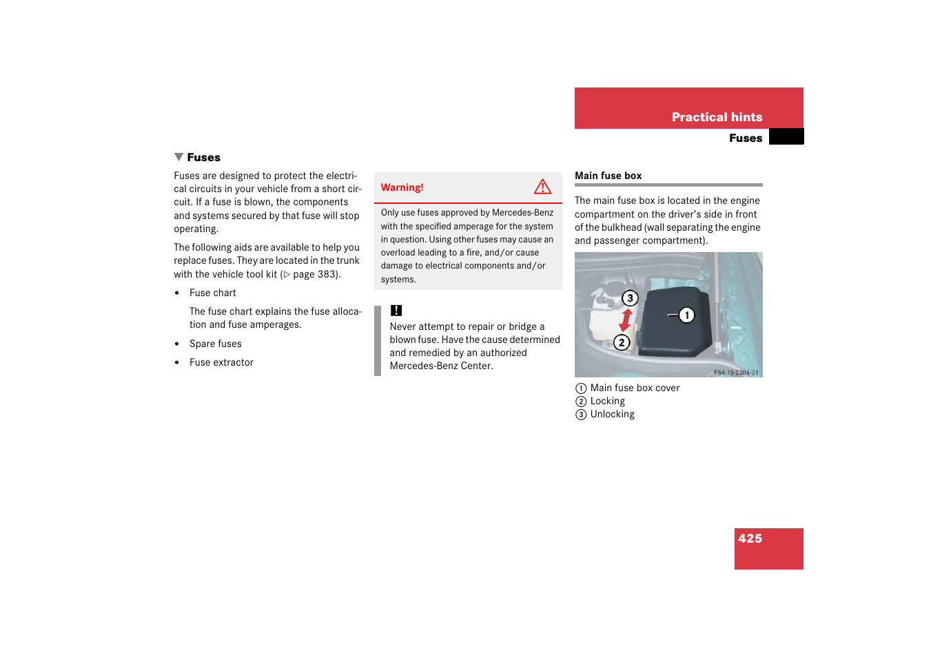 Fuses, Main fuse box | Mercedes-Benz SL-Class 2006 Owners Manual User Manual | Page 426 / 480