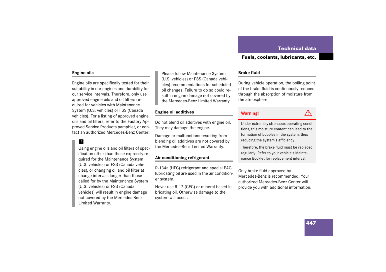 Engine oil, Engine oil:additives, Brakes:brake fluid | Mercedes-Benz SL-Class 2006 Owners Manual User Manual | Page 448 / 480