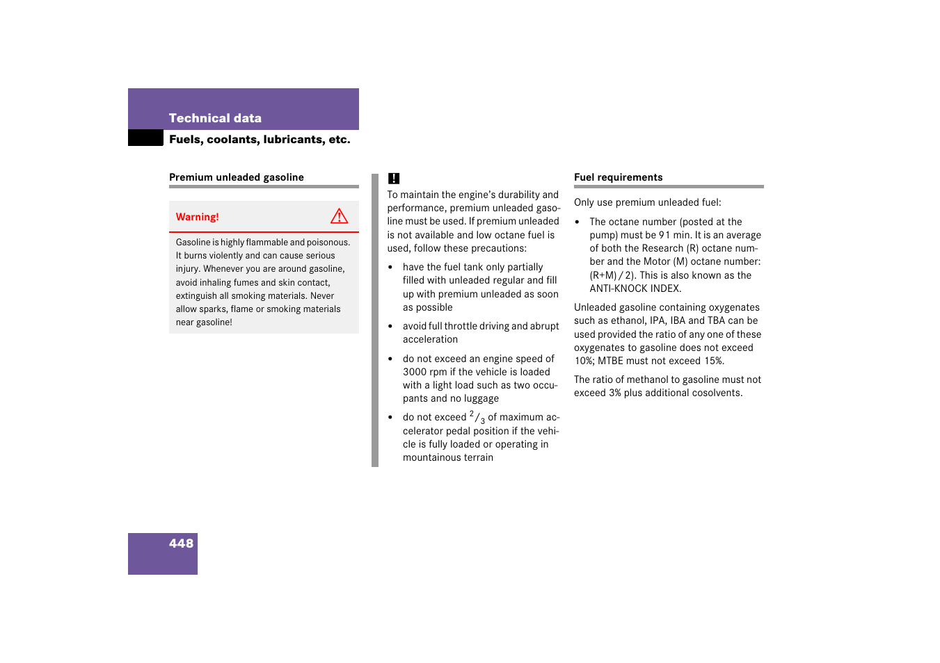 Fuel:premium unleaded gasoline, Fuel:requirements, Premium unleaded gasoline fuel requirements | See “premium unleaded gasoline | Mercedes-Benz SL-Class 2006 Owners Manual User Manual | Page 449 / 480
