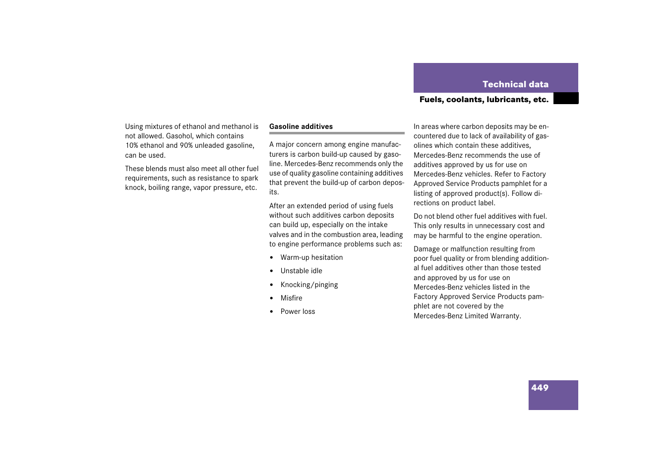 Fuel:gasoline additives, Gasoline additives | Mercedes-Benz SL-Class 2006 Owners Manual User Manual | Page 450 / 480