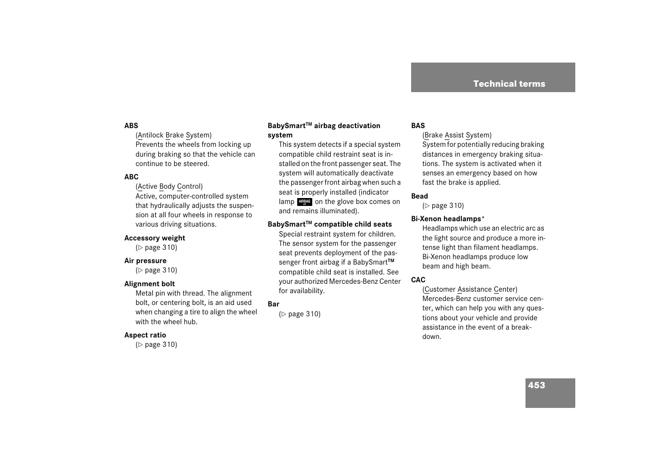 Technical terms | Mercedes-Benz SL-Class 2006 Owners Manual User Manual | Page 454 / 480