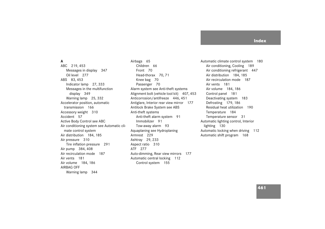 Index | Mercedes-Benz SL-Class 2006 Owners Manual User Manual | Page 462 / 480