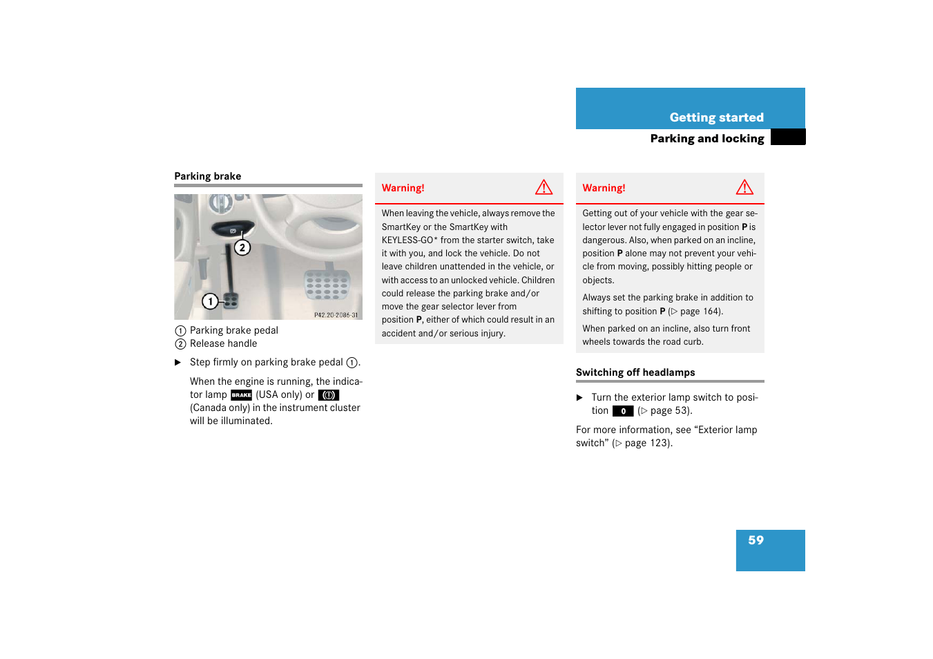 Switching off headlamps, Parking brake switching off headlamps | Mercedes-Benz SL-Class 2006 Owners Manual User Manual | Page 60 / 480