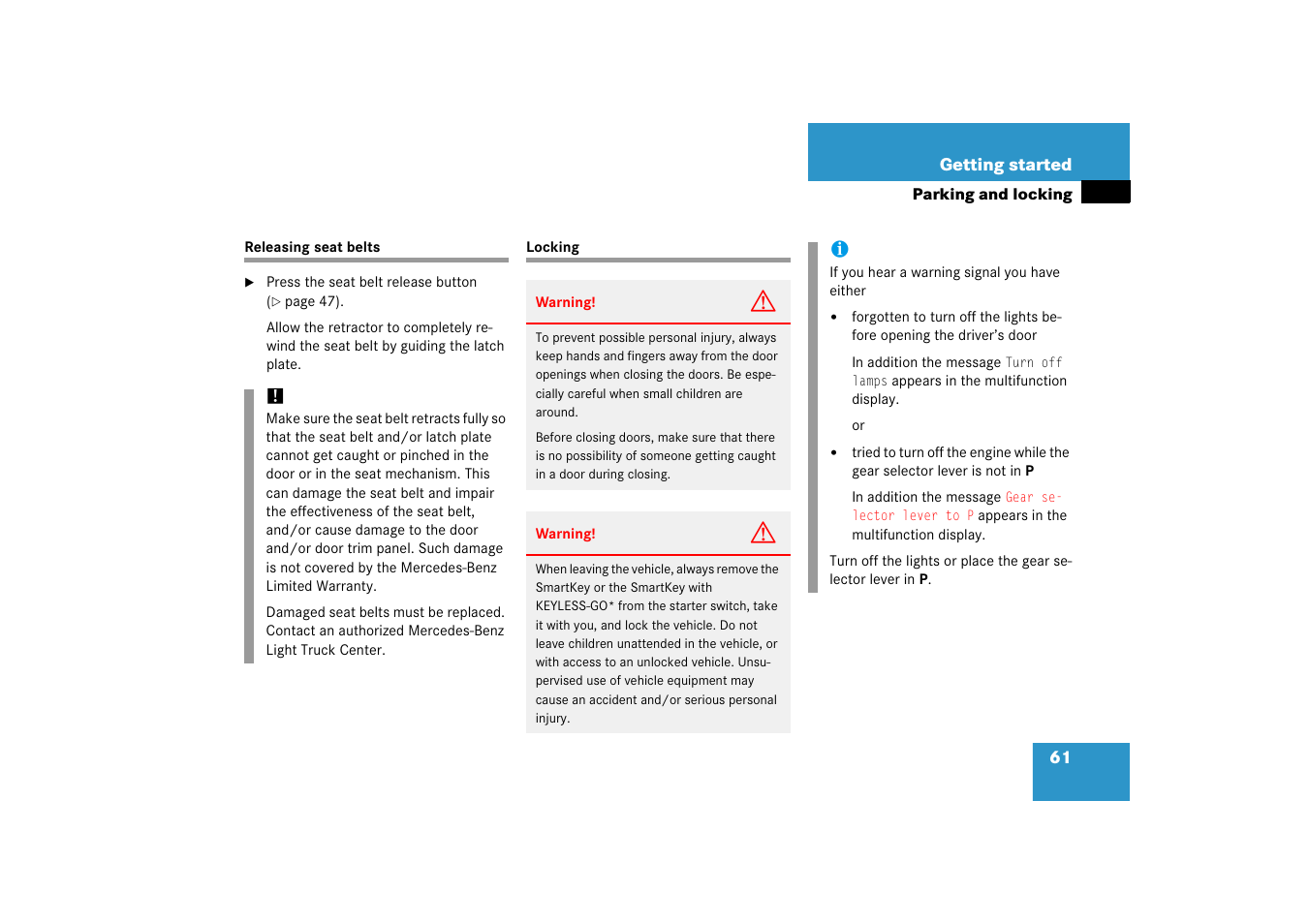 Releasing seat belts, Key, smartkey:locking/unlocking, Releasing seat belts locking | Mercedes-Benz SL-Class 2006 Owners Manual User Manual | Page 62 / 480