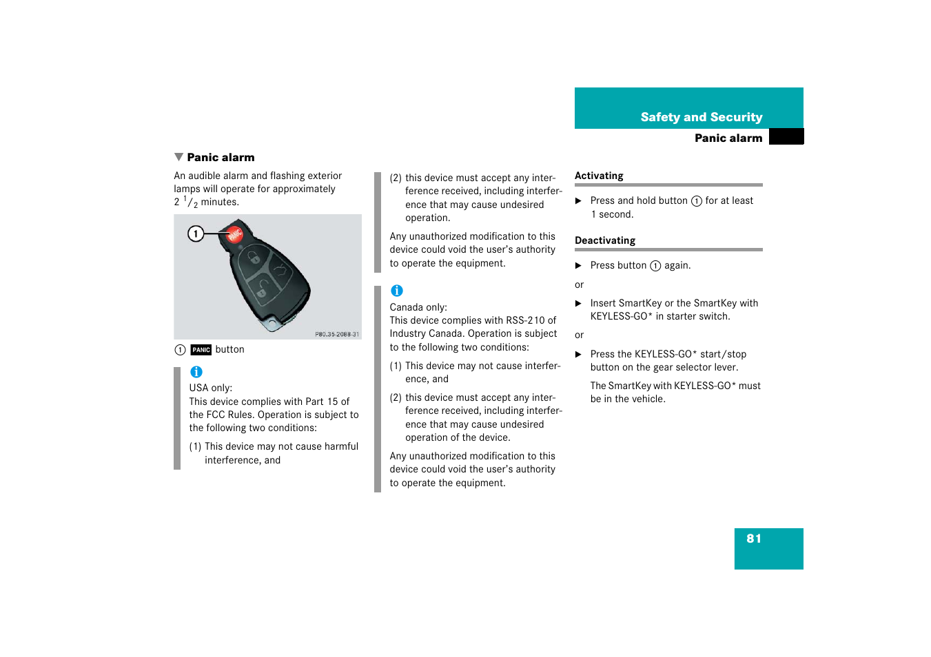 Panic alarm, Activating, Deactivating | Activating deactivating | Mercedes-Benz SL-Class 2006 Owners Manual User Manual | Page 82 / 480