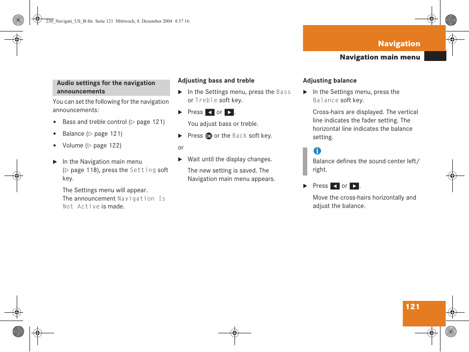 121 navigation | Mercedes-Benz SL-Class 2006 COMAND Manual User Manual | Page 123 / 226