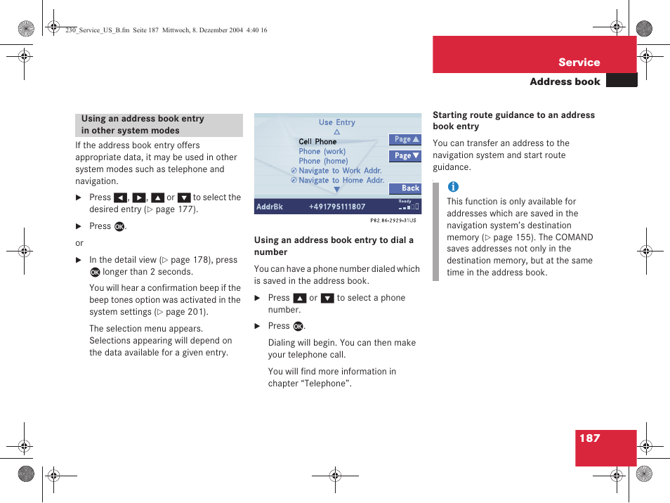 187 service | Mercedes-Benz SL-Class 2006 COMAND Manual User Manual | Page 189 / 226
