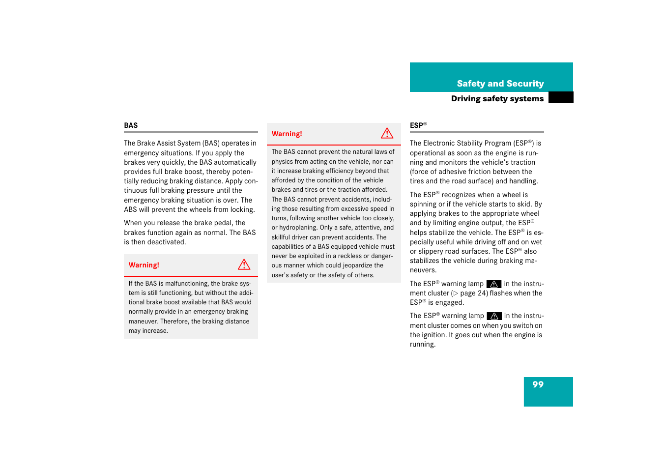 Driving safety systems:bas, Driving safety systems:esp, Bas esp | Mercedes-Benz R-Class 2006 Owners Manual User Manual | Page 100 / 561