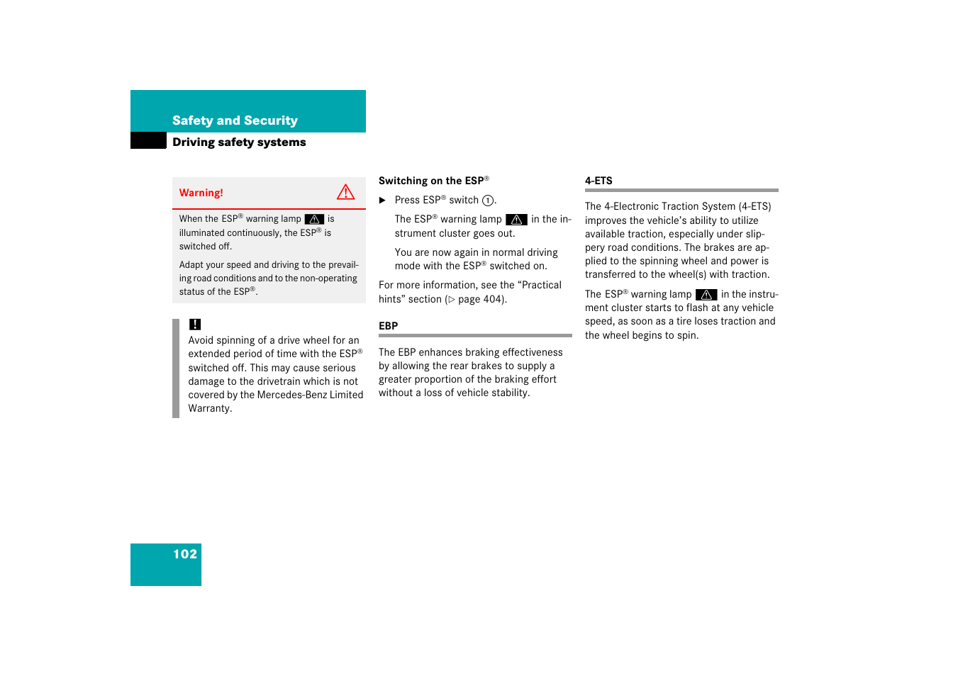 Driving safety systems:4-ets, Ebp 4-ets | Mercedes-Benz R-Class 2006 Owners Manual User Manual | Page 103 / 561