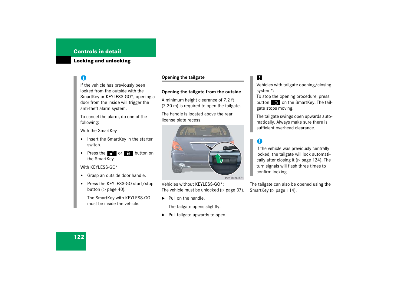 Opening:tailgate, Opening the tailgate | Mercedes-Benz R-Class 2006 Owners Manual User Manual | Page 123 / 561