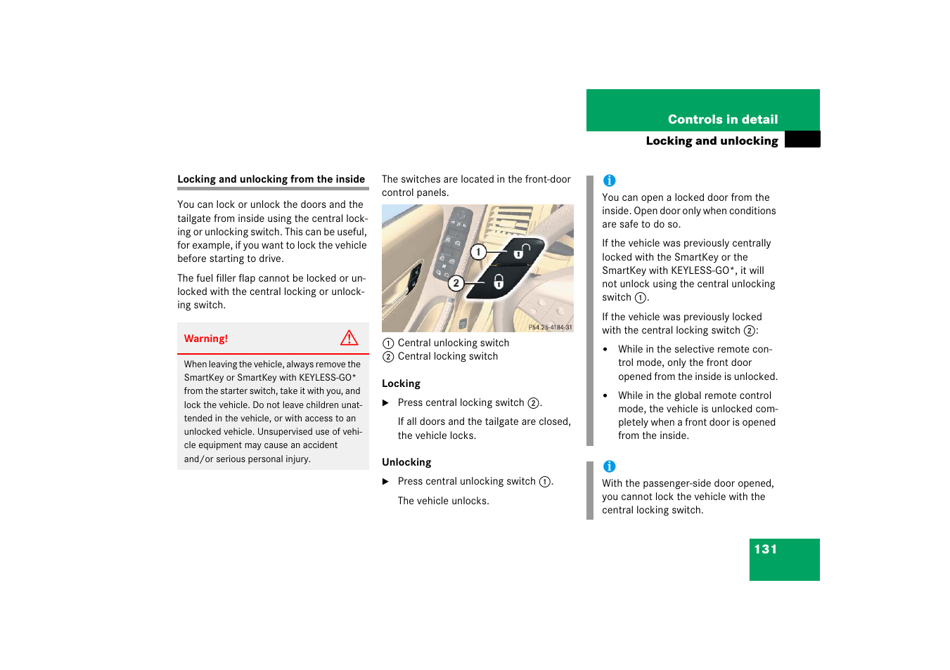 Central locking:switch, Locking and unlocking from the inside | Mercedes-Benz R-Class 2006 Owners Manual User Manual | Page 132 / 561