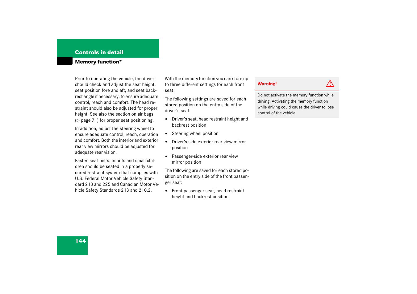 Memory function, Ry function | Mercedes-Benz R-Class 2006 Owners Manual User Manual | Page 145 / 561