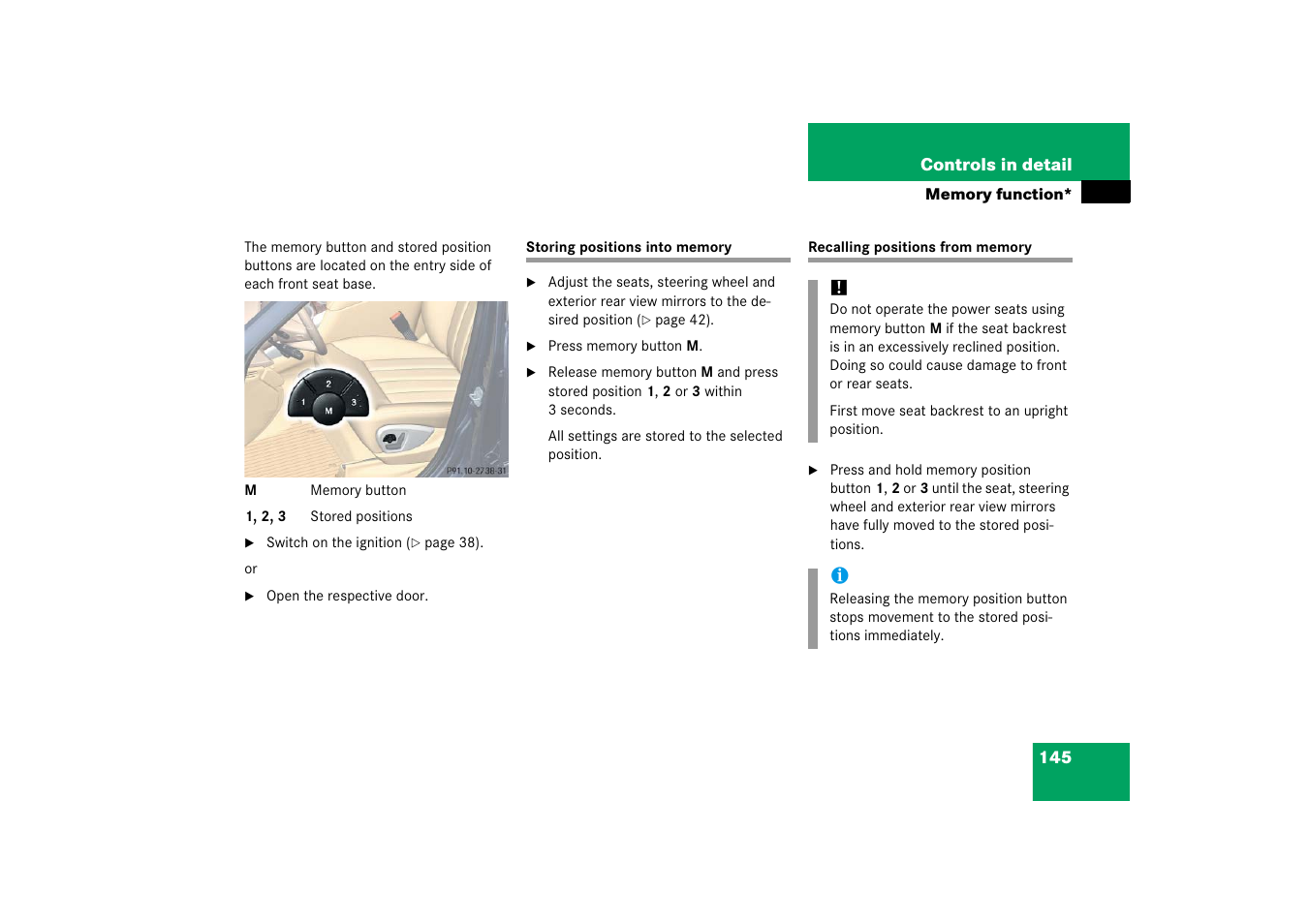 Memory function*:recalling positions from memory | Mercedes-Benz R-Class 2006 Owners Manual User Manual | Page 146 / 561