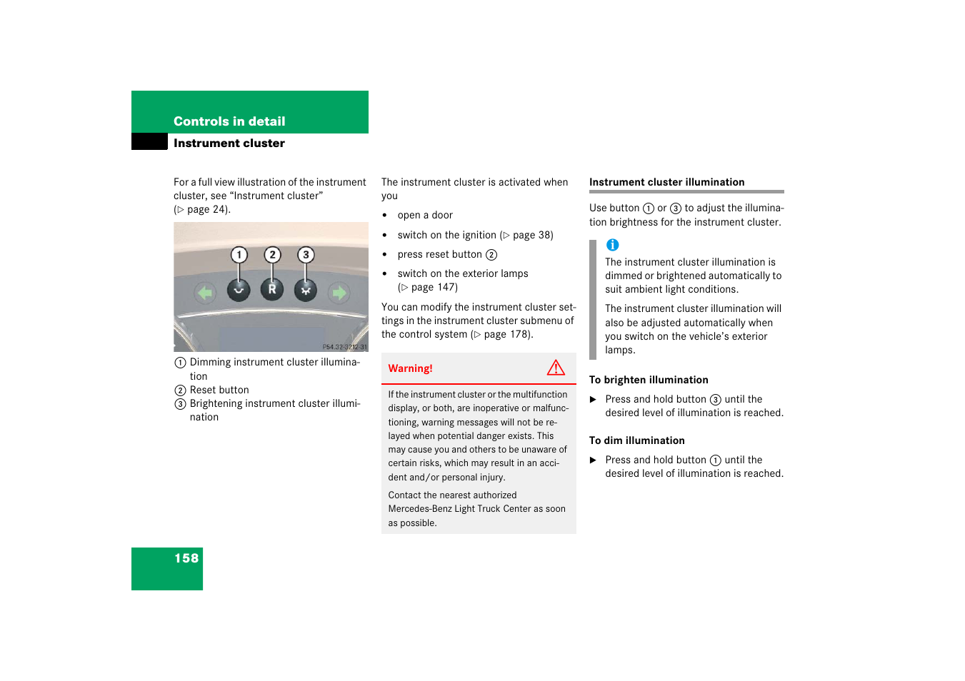 Instrument cluster, Instrument cluster illumination | Mercedes-Benz R-Class 2006 Owners Manual User Manual | Page 159 / 561