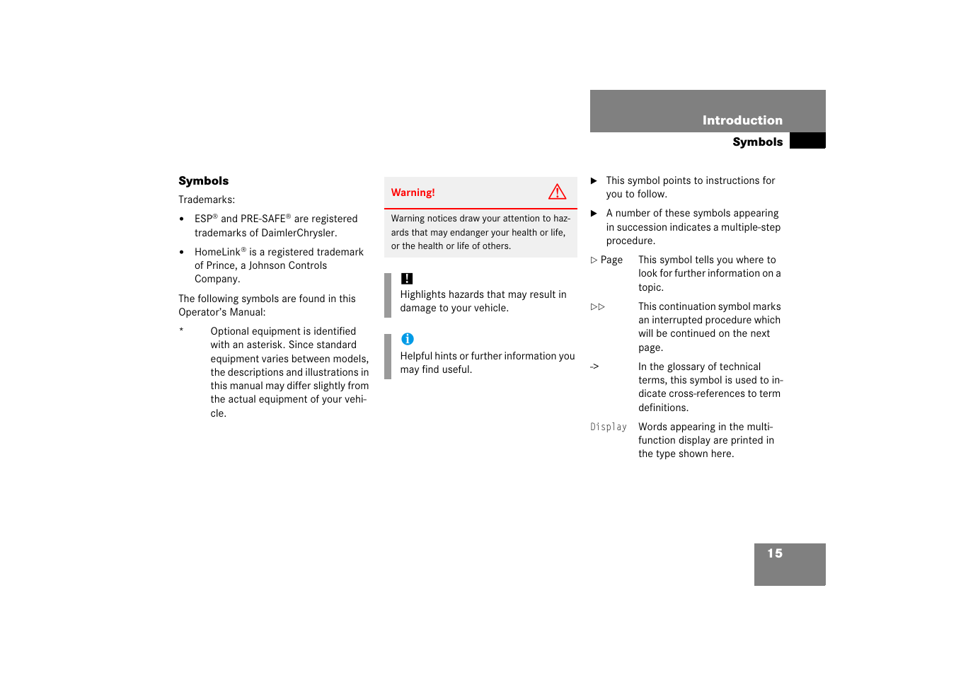 Symbols | Mercedes-Benz R-Class 2006 Owners Manual User Manual | Page 16 / 561