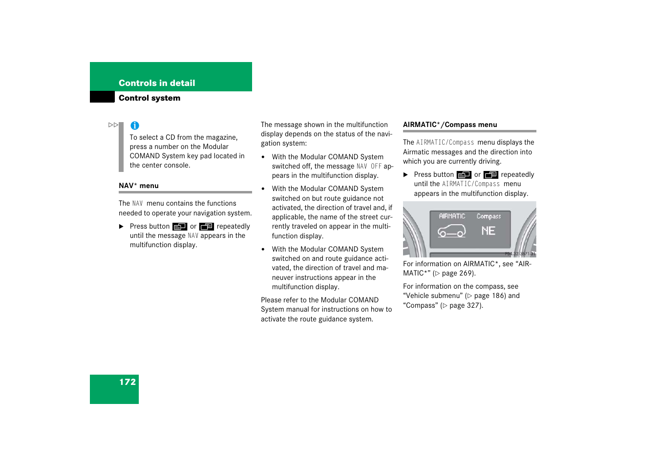 Navigation system, Nav* menu airmatic*/compass menu | Mercedes-Benz R-Class 2006 Owners Manual User Manual | Page 173 / 561