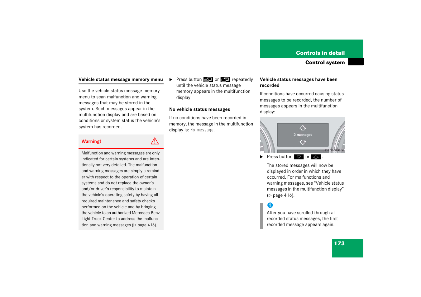 Menus:malfunction memory, Vehicle status message memory menu | Mercedes-Benz R-Class 2006 Owners Manual User Manual | Page 174 / 561