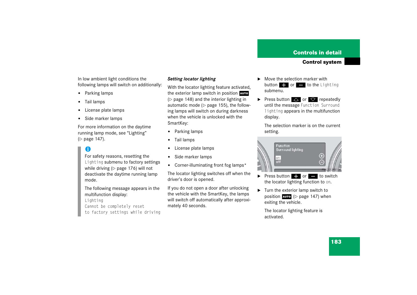 See “setting locator light- ing, Lighting | Mercedes-Benz R-Class 2006 Owners Manual User Manual | Page 184 / 561