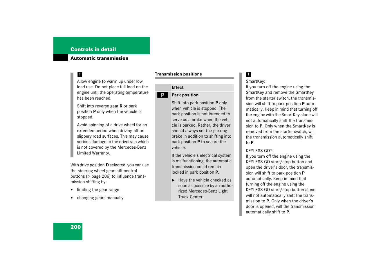 Transmission positions | Mercedes-Benz R-Class 2006 Owners Manual User Manual | Page 201 / 561