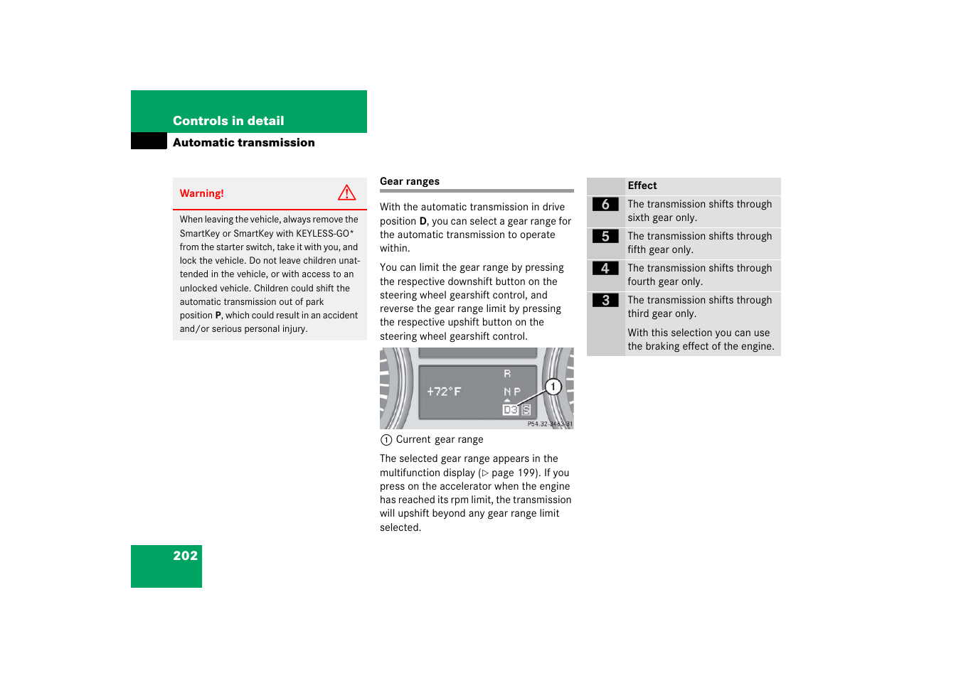 Gear range:automatic transmission, Gear ranges | Mercedes-Benz R-Class 2006 Owners Manual User Manual | Page 203 / 561