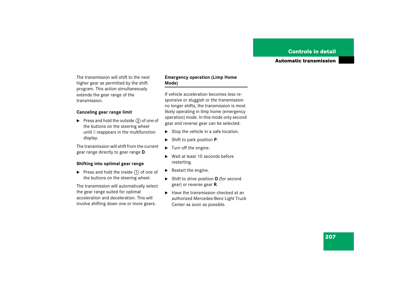 Automatic transmission:gear shifting malfunctions, Emergency operation (limp home mode) | Mercedes-Benz R-Class 2006 Owners Manual User Manual | Page 208 / 561