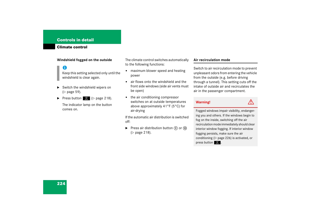 Air recirculation mode | Mercedes-Benz R-Class 2006 Owners Manual User Manual | Page 225 / 561