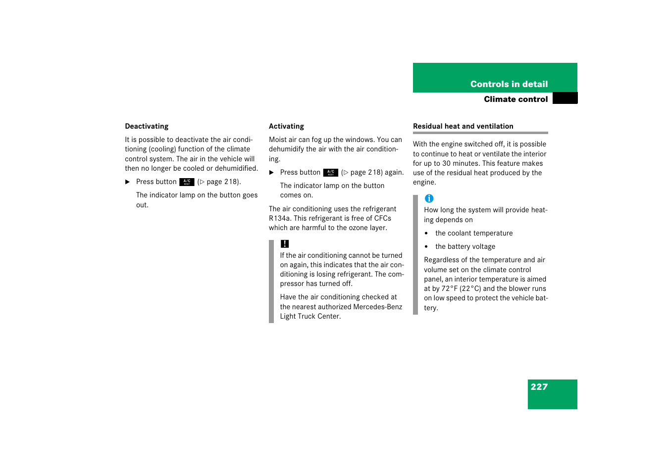 Residual heat, Residual heat and ventilation | Mercedes-Benz R-Class 2006 Owners Manual User Manual | Page 228 / 561