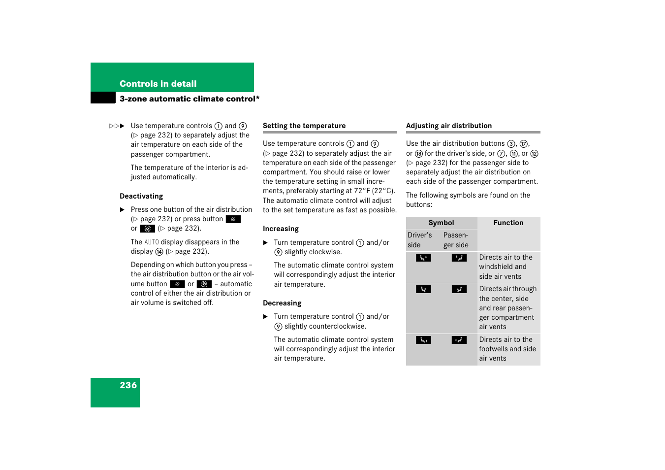 Setting:temperature (interior), Air distribution:adjusting, Setting the temperature adjusting air distribution | Mercedes-Benz R-Class 2006 Owners Manual User Manual | Page 237 / 561