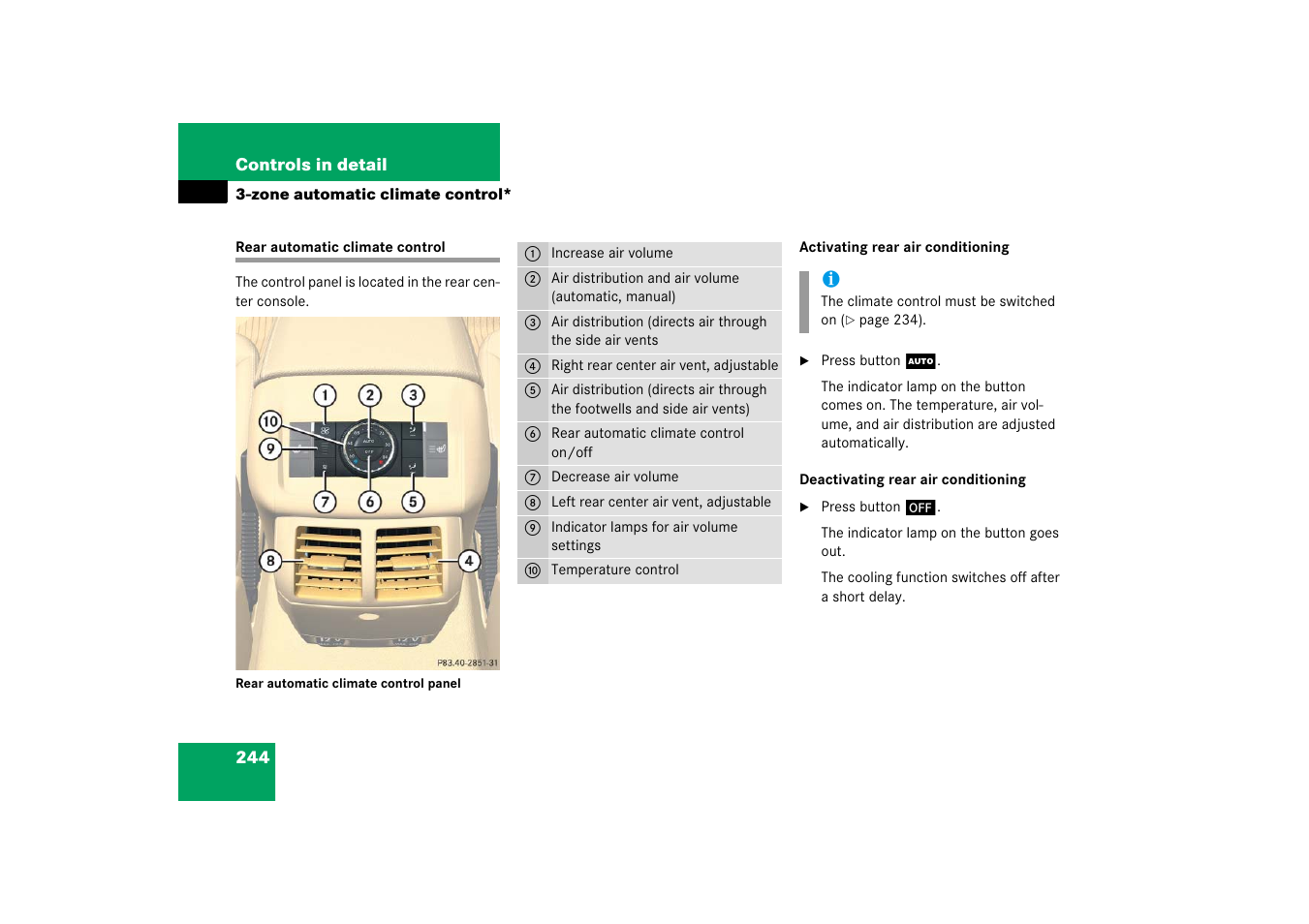 Rear automatic climate control, See “rear automatic climate control, Control panel | Mercedes-Benz R-Class 2006 Owners Manual User Manual | Page 245 / 561