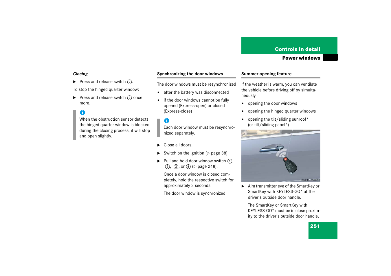 Power windows:synchronizing, Opening (summer opening feature), See “summer opening feature | See “sum- mer opening feature | Mercedes-Benz R-Class 2006 Owners Manual User Manual | Page 252 / 561