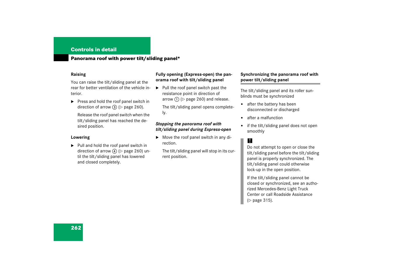 Synchronizing:panorama sliding/pop-up roof | Mercedes-Benz R-Class 2006 Owners Manual User Manual | Page 263 / 561