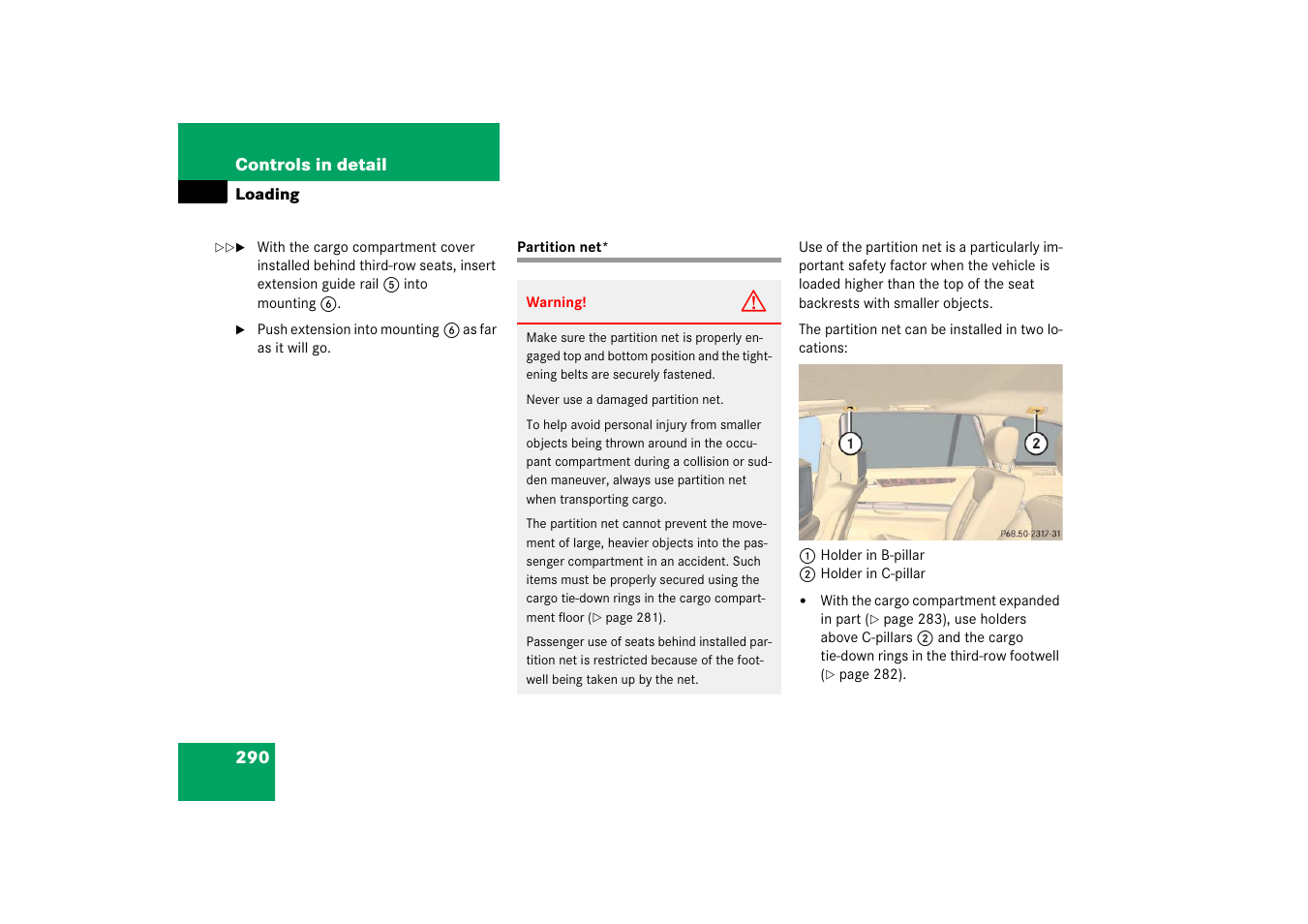 Loading:partition net, Partition net, E the partition net | Mercedes-Benz R-Class 2006 Owners Manual User Manual | Page 291 / 561