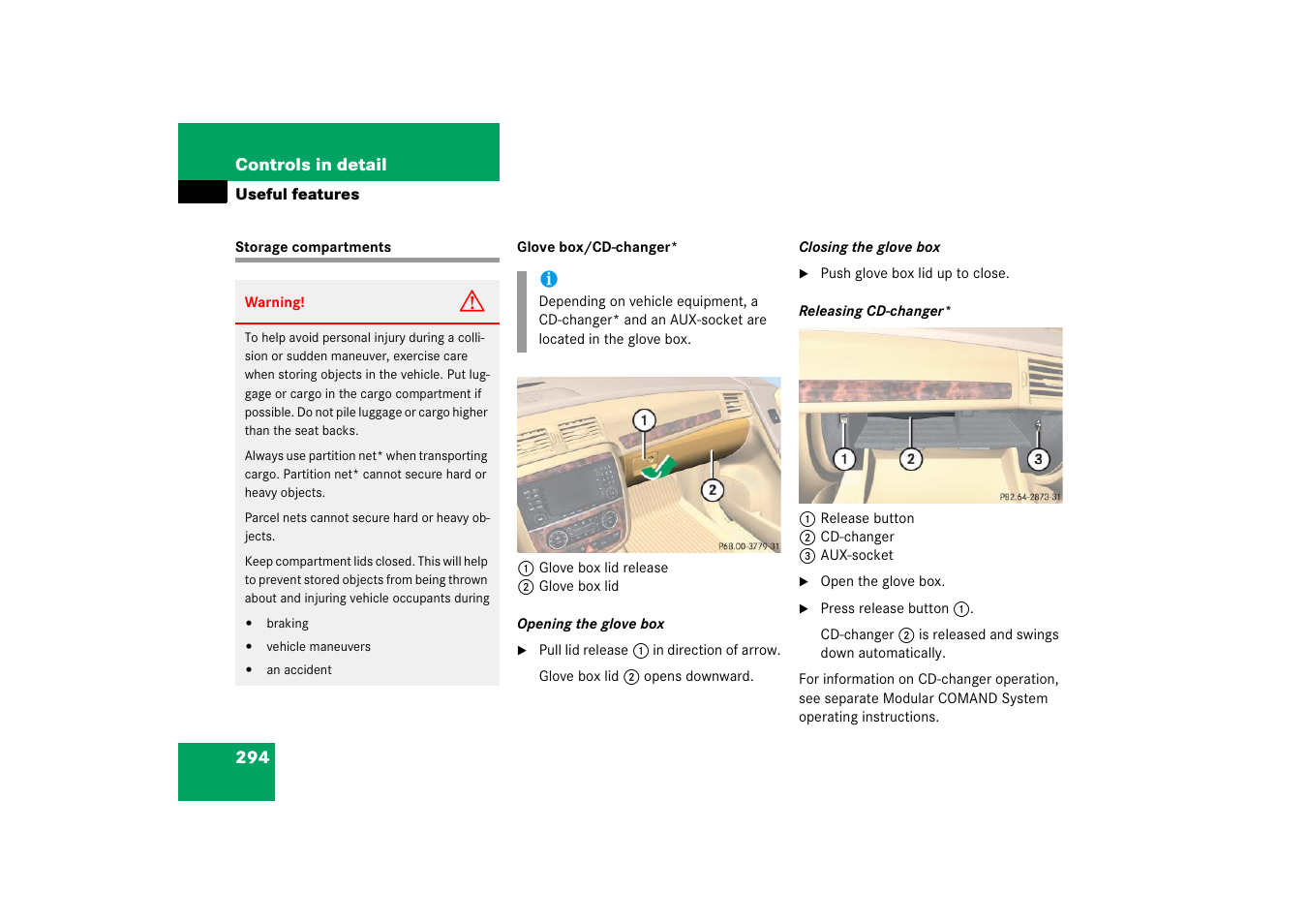 Useful features, Storage compartments | Mercedes-Benz R-Class 2006 Owners Manual User Manual | Page 295 / 561