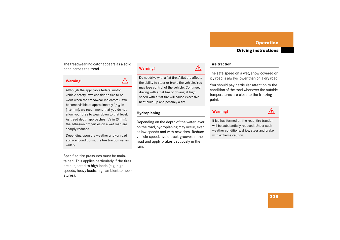 Hydroplaning, Tire traction, Hydroplaning tire traction | Mercedes-Benz R-Class 2006 Owners Manual User Manual | Page 336 / 561